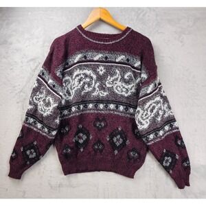 Vintage Michael Gerald Sweater‎ Large Maroon White Knit Fair Isle Geometric 90s